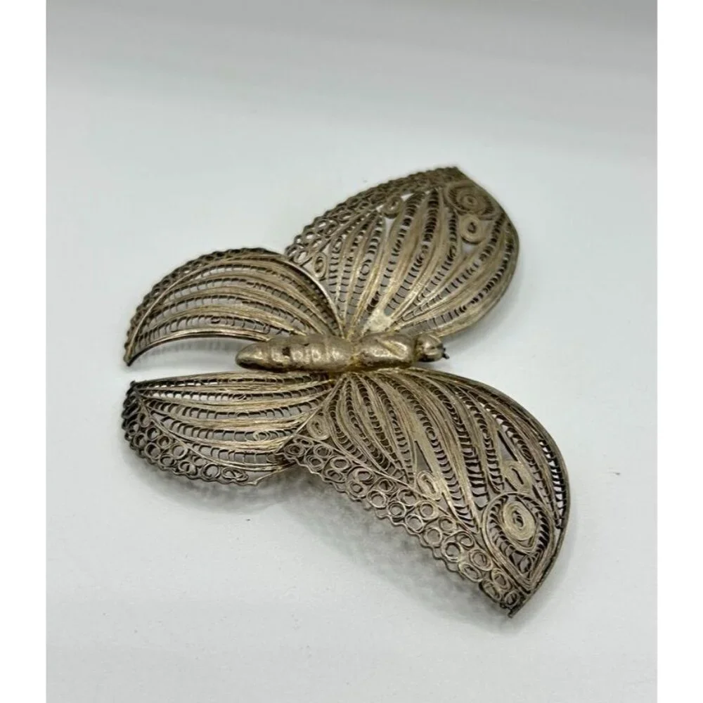 Vintage Mexican Silver Filigree Butterfly Brooch Pin - Picture 3 of 9
